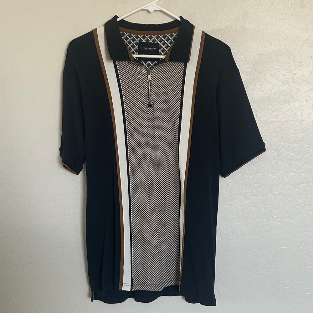 Denim & Flower Men's Navy and White Polo with Brown Trim Size XL